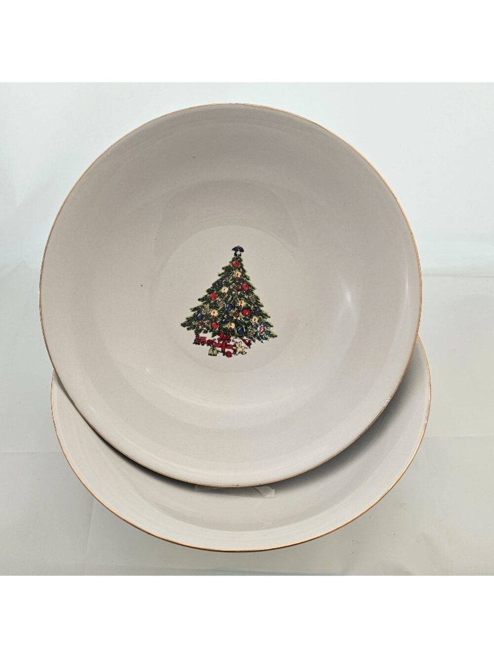 Christmas Tree Serving Bowl 8" set-2 gold rim elegant porcelain holiday